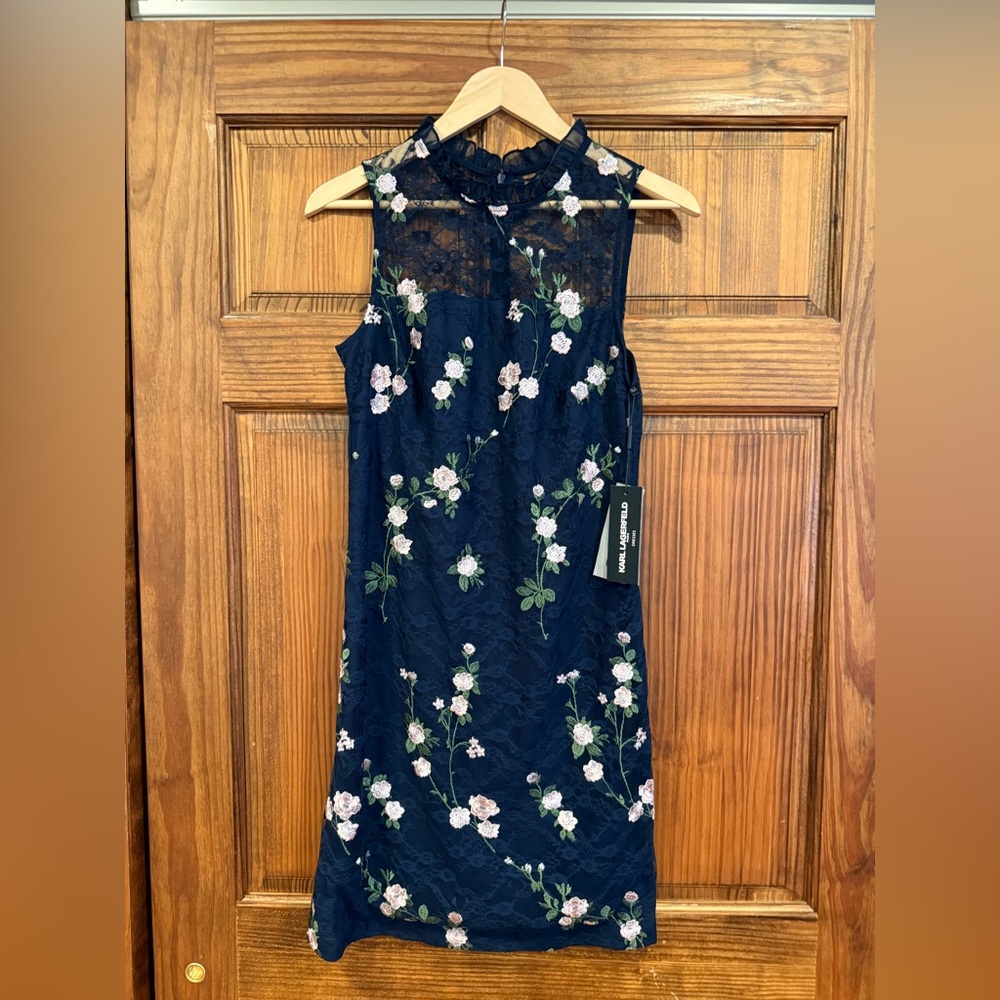🌸 Karl Lagerfeld Paris Navy Floral Lace Dress – Size 2 NWT 🌸
